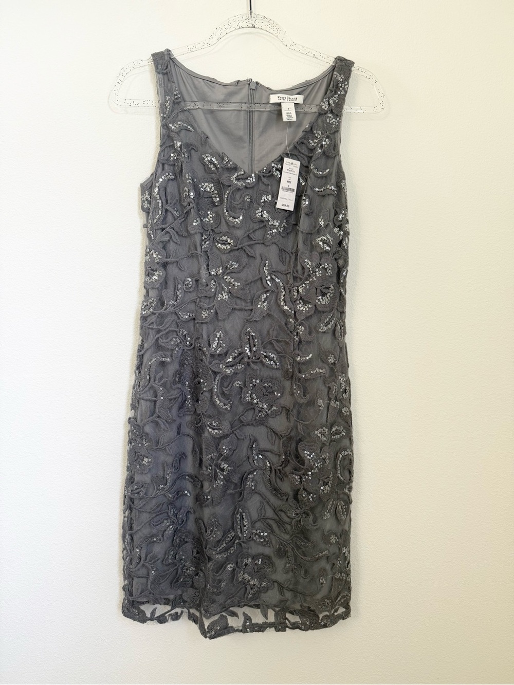 White House Black Market Gray Lace With Shine Sheath Party Dress Formal Cocktail